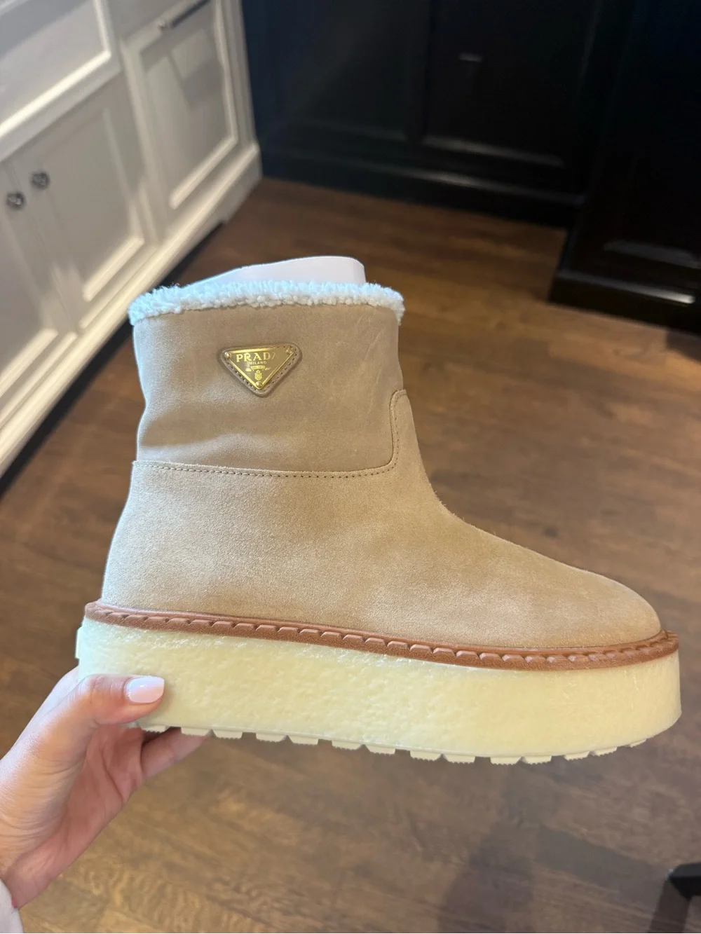 BRAND NEW Prada Tan Suede Shearling-Trim Platform Ankle Boots